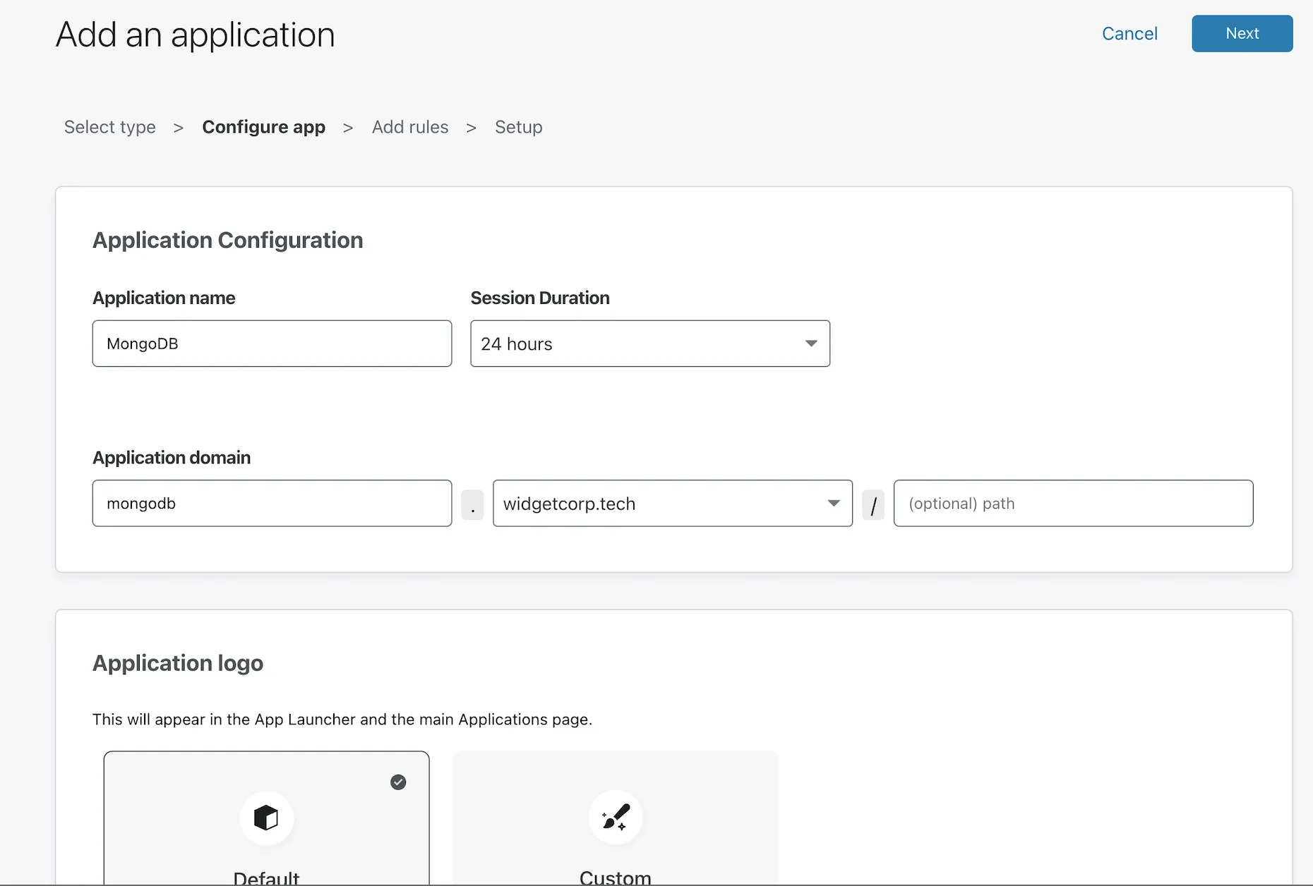 MongoDB screen that shows how to add an application