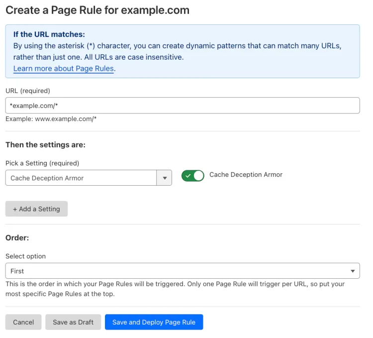 Example Page Rule with 'Cache Deception Armor' setting